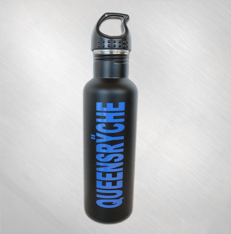 Flat Black Water Bottle With Blue Logo