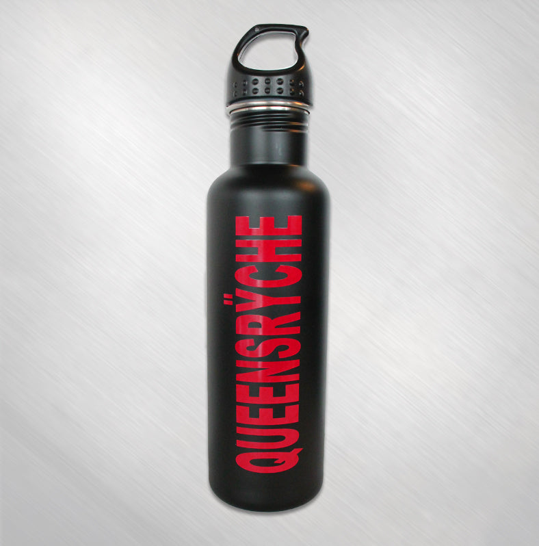 Flat Black Water Bottle With Red Logo